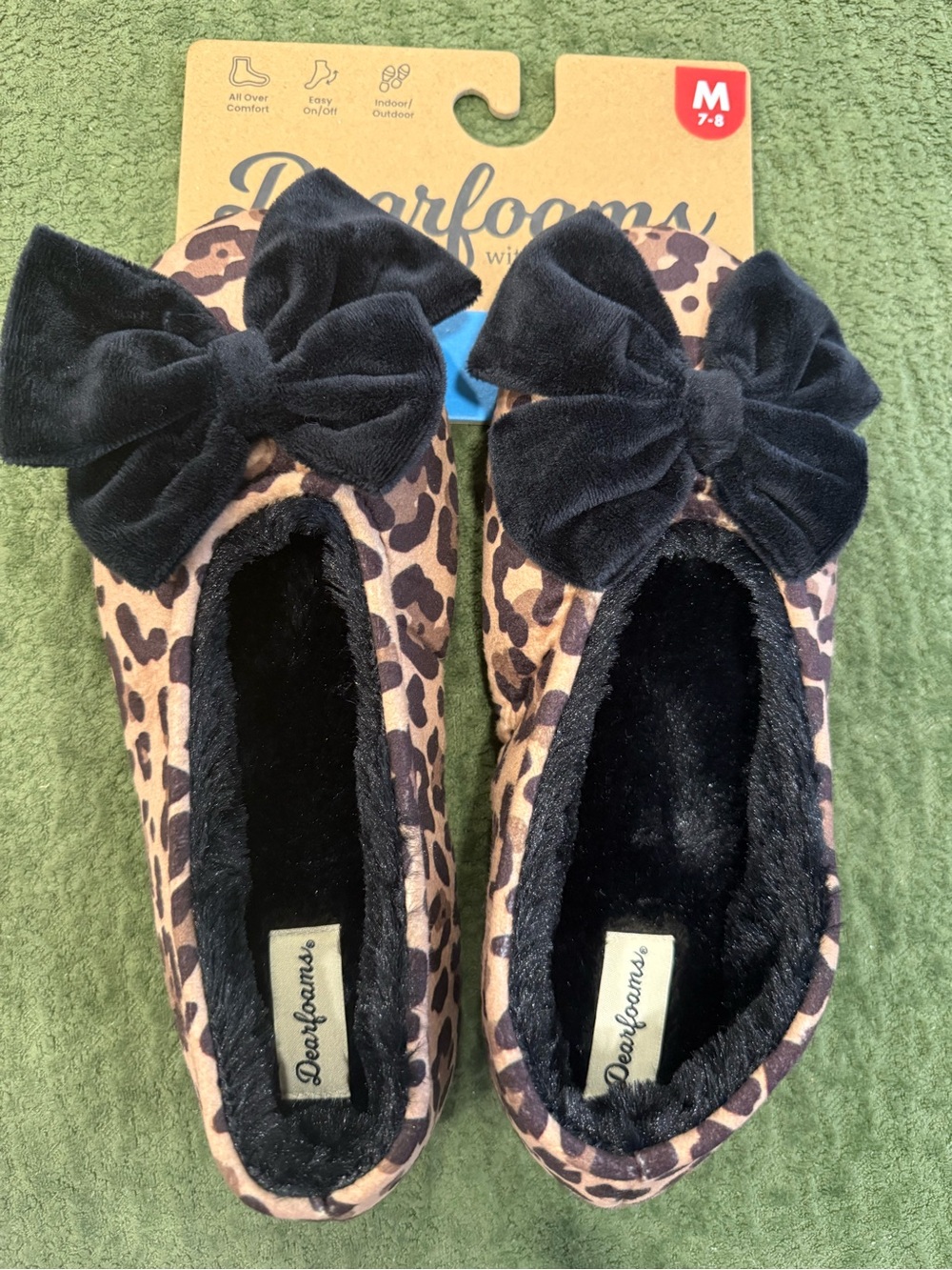 dearfoams Leopard Print Bow Slippers in Brown and Black